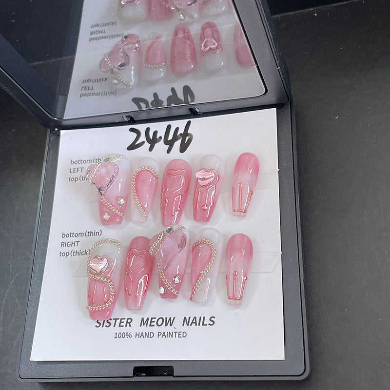 Designer: MeowMeow.Handmade Nail Designs Press on Nails DIY Nail Art for woman girl Long Coffin pink