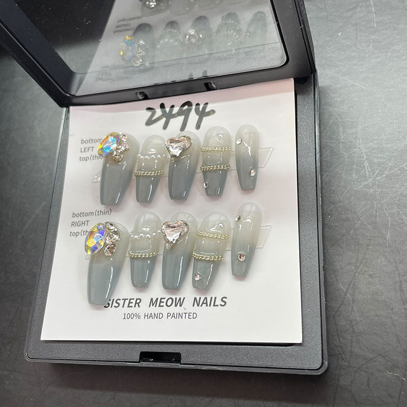 Designer: MeowMeow.Handmade Nail Designs Press on Nails DIY Nail Art for woman girl Long Coffin blue rhinestone