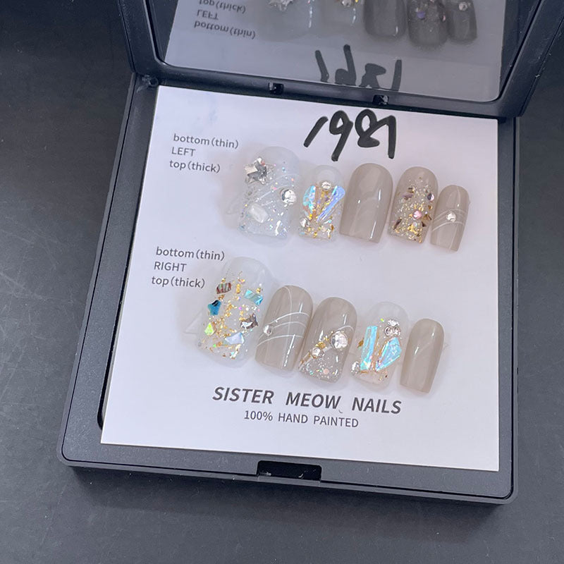 Designer: MeowMeow.Handmade Nail Designs Press on Nails DIY Nail Art for woman girl Long Square gray