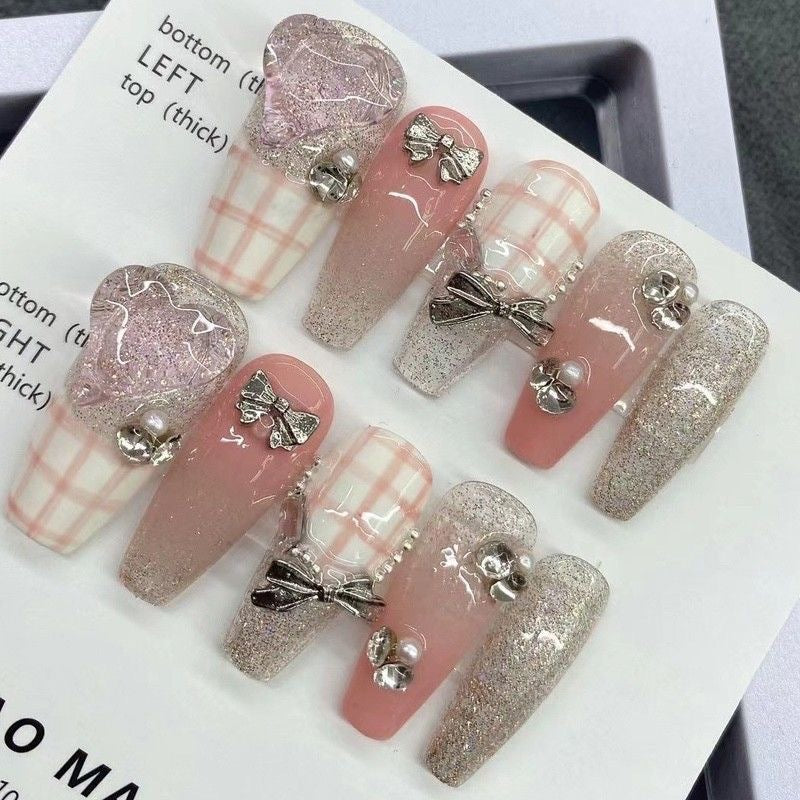 Designer: MeowMeow.Handmade Nail Designs Press on Nails DIY Nail Art for woman girl Long Coffin pink