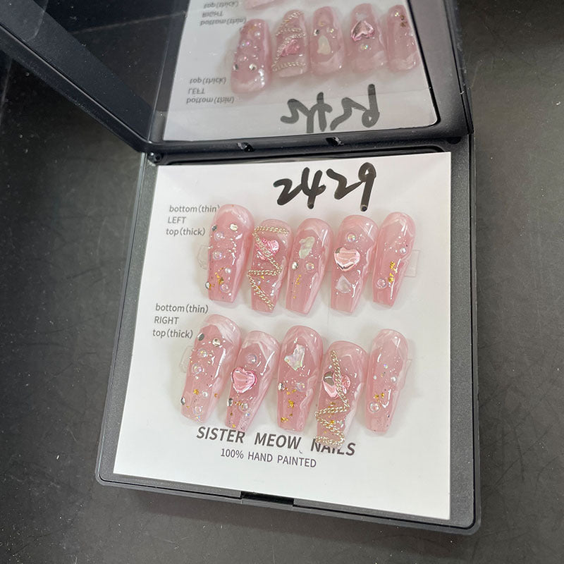 Designer: MeowMeow.Handmade Nail Designs Press on Nails DIY Nail Art for woman girl Long Coffin pink