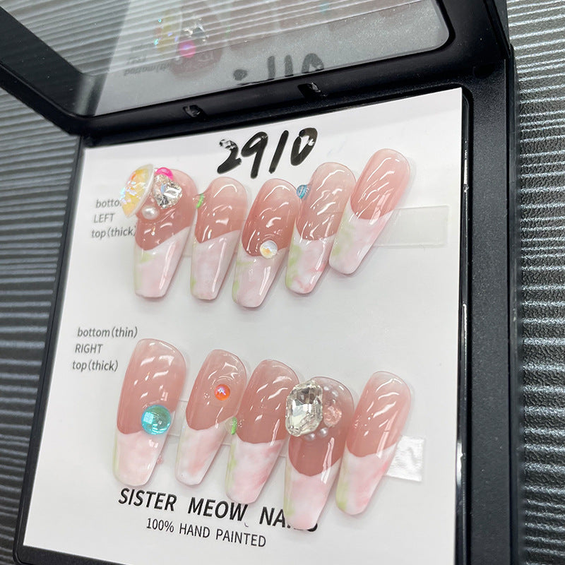 Designer: MeowMeow.Handmade Nail Designs Press on Nails DIY Nail Art for woman girl Long Coffin pink French