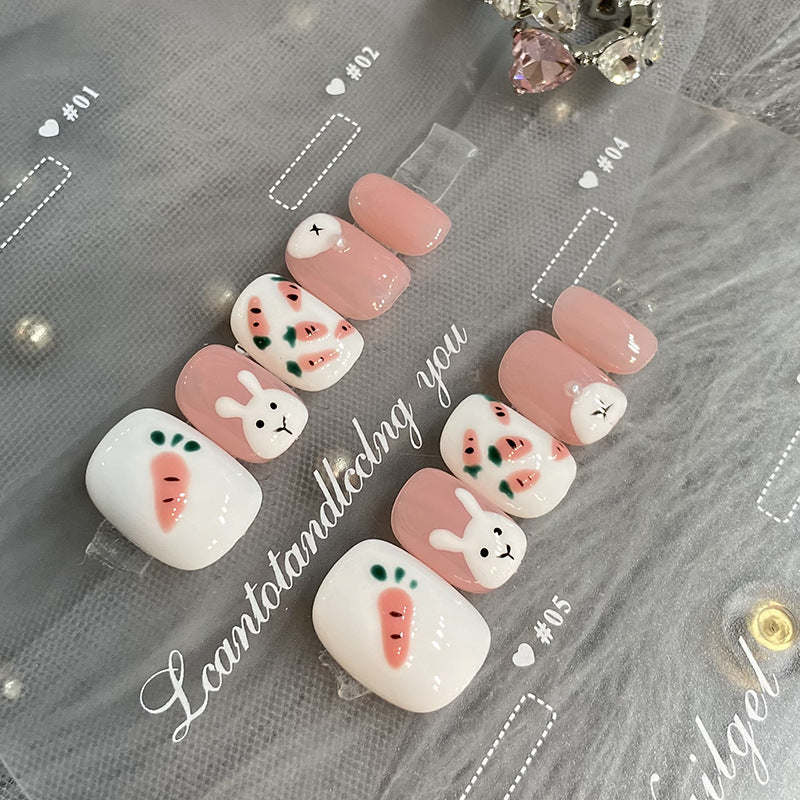 Designer: HuaHua.Handmade nails Press on Nails DIY Nail Art for woman girl Short Square pink Cartoon