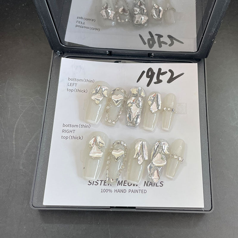 Designer: MeowMeow.Handmade Nail Designs Press on Nails DIY Nail Art for woman girl Long Coffin white