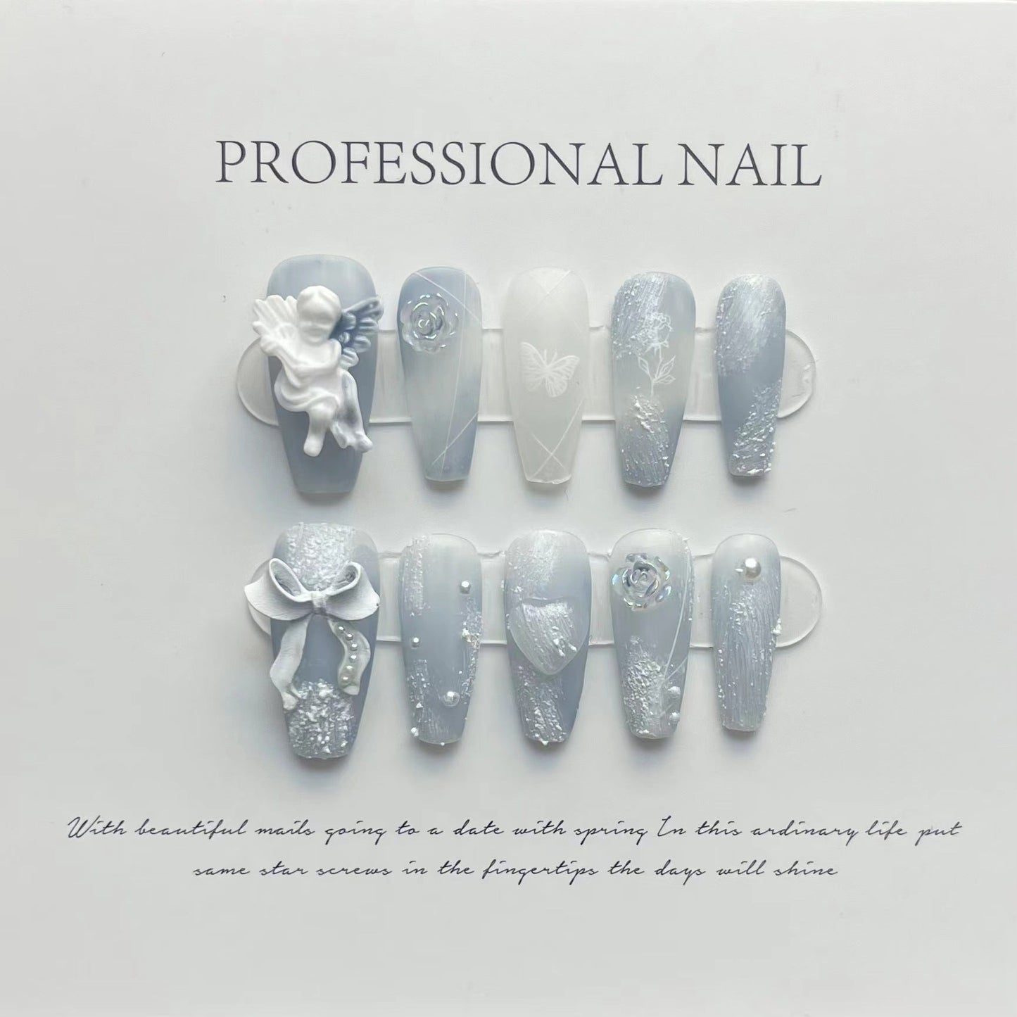 Designer: ManMan Handmade nails Press on Nails DIY Nail Art for woman girl Long Coffin blue