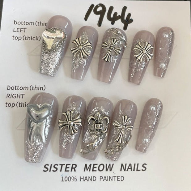 Designer: MeowMeow.Handmade Nail Designs Press on Nails DIY Nail Art for woman girl Long Coffin gray