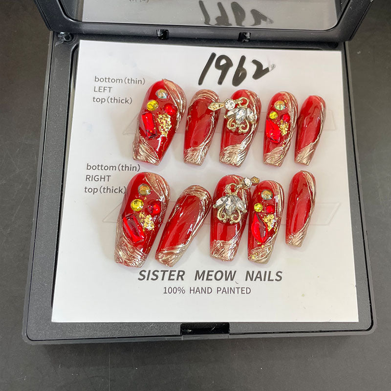 Designer: MeowMeow.Handmade Nail Designs Press on Nails DIY Nail Art for woman girl Long Coffin red