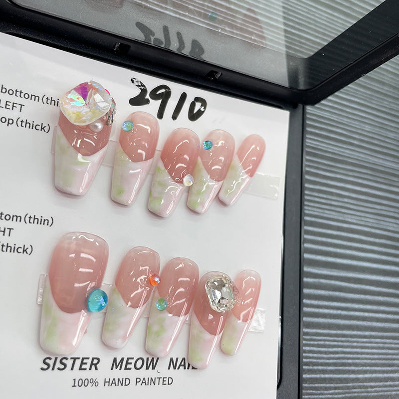 Designer: MeowMeow.Handmade Nail Designs Press on Nails DIY Nail Art for woman girl Long Coffin pink French