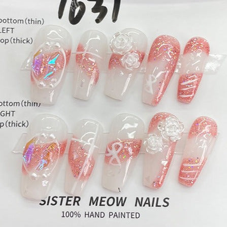 Designer: MeowMeow.Handmade Nail Designs Press on Nails DIY Nail Art for woman girl Long Coffin pink