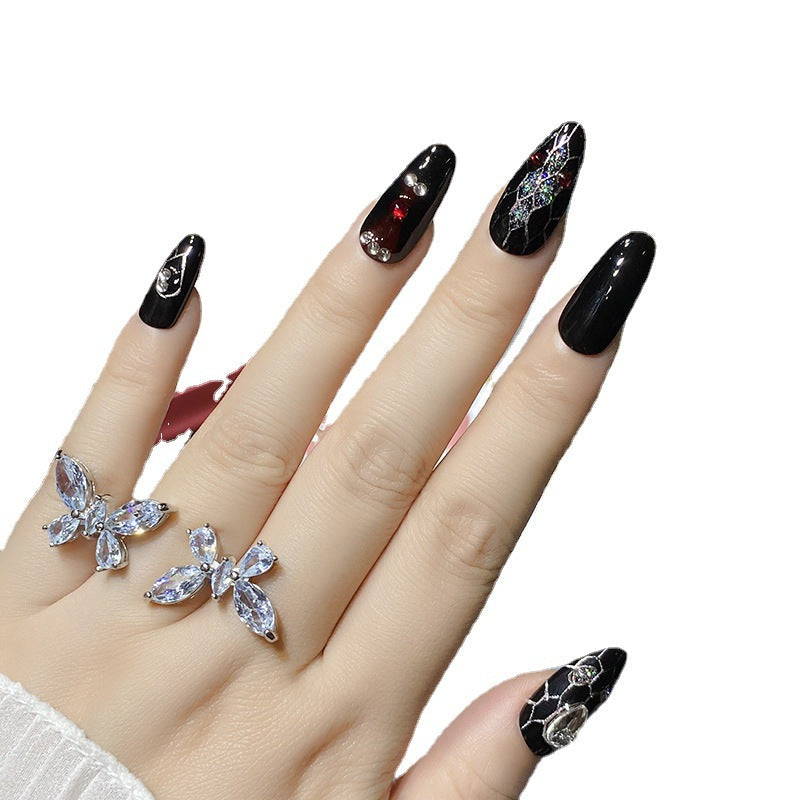 Designer: HuaHua.Handmade nails Press on Nails DIY Nail Art for woman girl Almond Long black