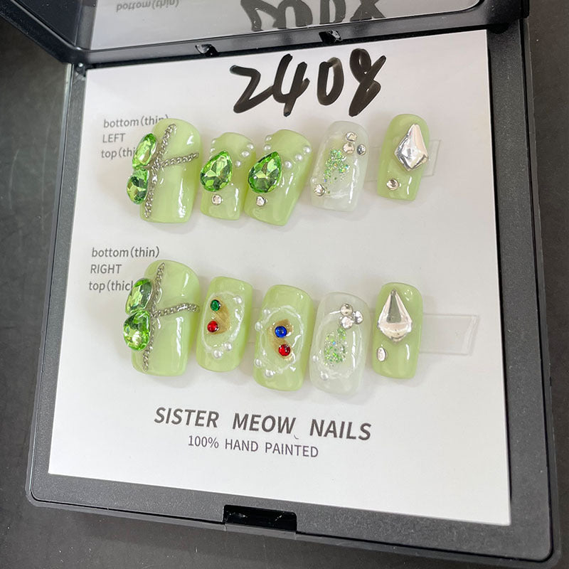 Designer: MeowMeow.Handmade Nail Designs Press on Nails DIY Nail Art for woman girl Long Square green rhinestone