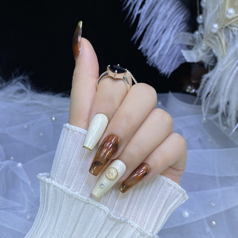 Designer: HuaHua.Handmade nails Press on Nails DIY Nail Art for woman girl Long Coffin brown