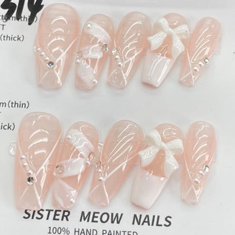 Designer: MeowMeow.Handmade Nail Designs Press on Nails DIY Nail Art for woman girl Long Coffin pink