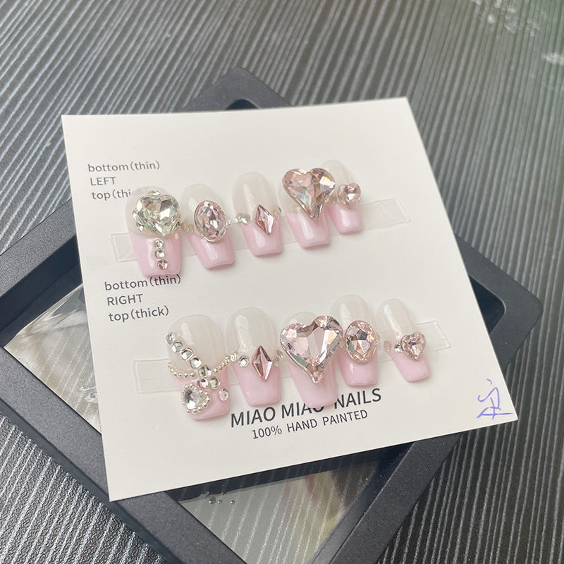 Designer: MeowMeow.Handmade Nail Designs Press on Nails DIY Nail Art for woman girl Long Coffin pink French rhinestone