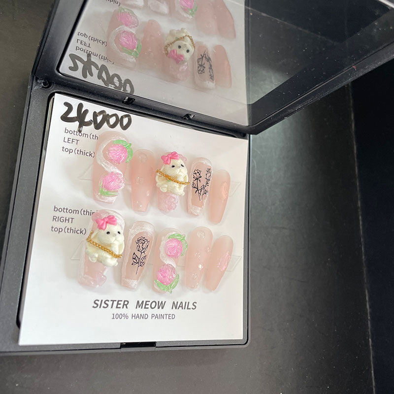 Designer: MeowMeow.Handmade Nail Designs Press on Nails DIY Nail Art for woman girl Long Coffin pink Cartoon