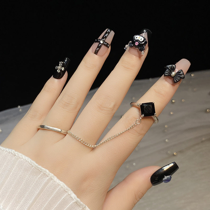 Designer: HuaHua.Handmade nails Press on Nails DIY Nail Art for woman girl Long Coffin pink Cartoon black
