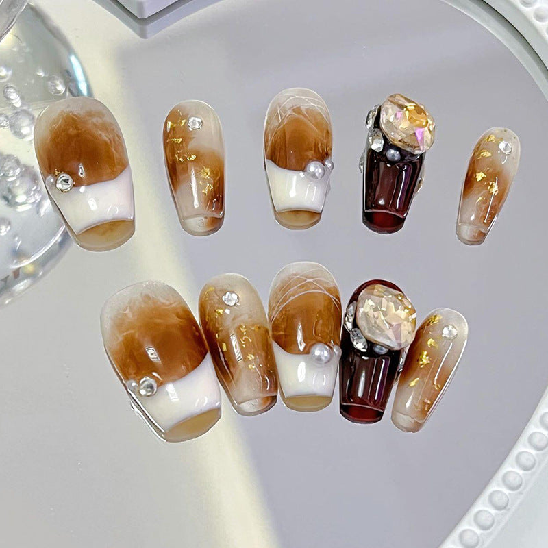 Designer: MeowMeow.Handmade Nail Designs Press on Nails DIY Nail Art for woman girl Long Coffin brown