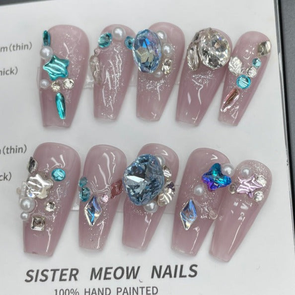 Designer: MeowMeow.Handmade Nail Designs Press on Nails DIY Nail Art for woman girl Long Coffin pink
