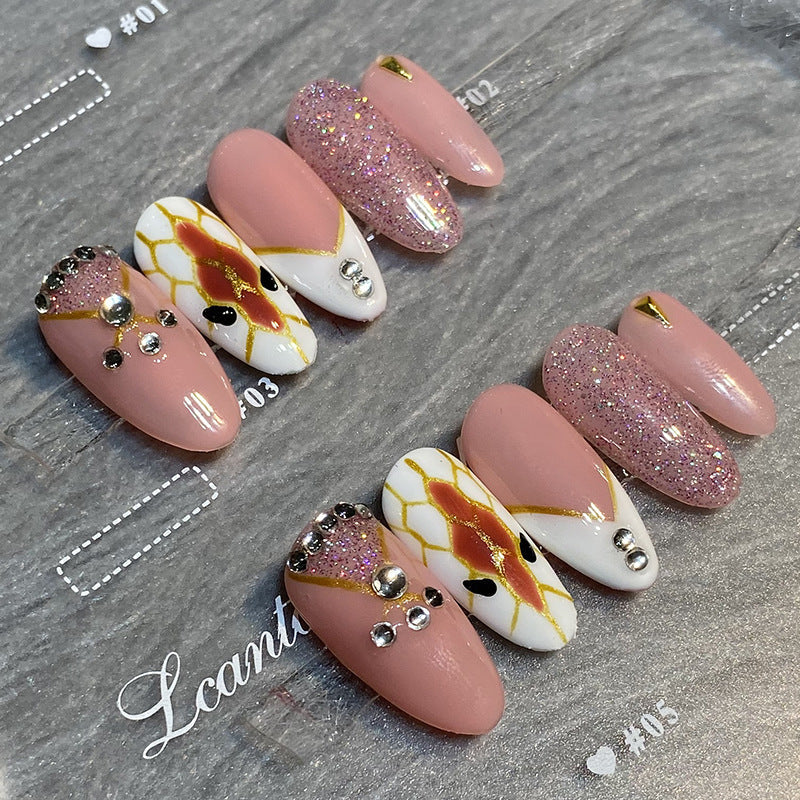 Designer: HuaHua.Handmade nails Press on Nails DIY Nail Art for woman girl Almond Long pink