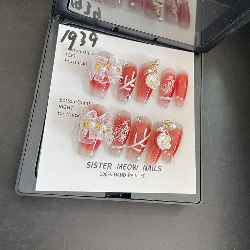 Designer: MeowMeow.Handmade Nail Designs Press on Nails DIY Nail Art for woman girl Long Coffin red