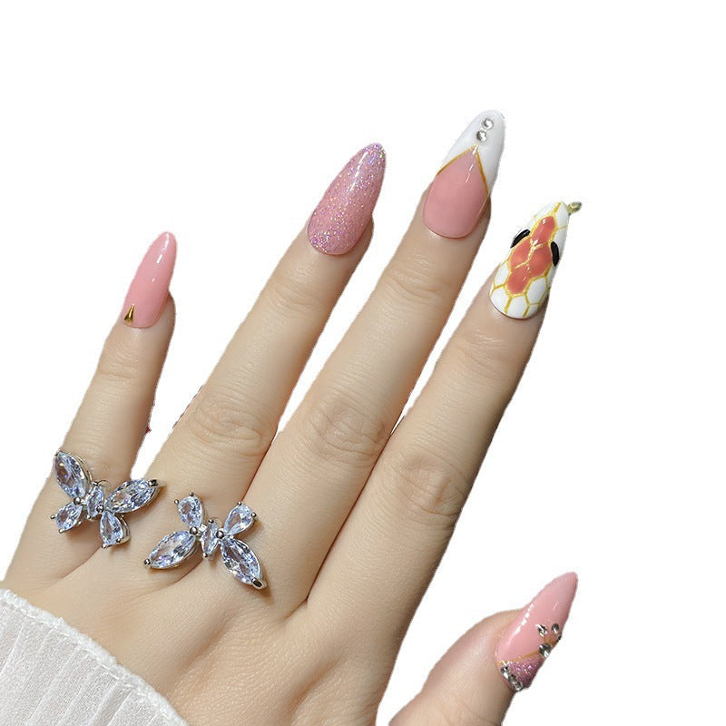 Designer: HuaHua.Handmade nails Press on Nails DIY Nail Art for woman girl Almond Long pink