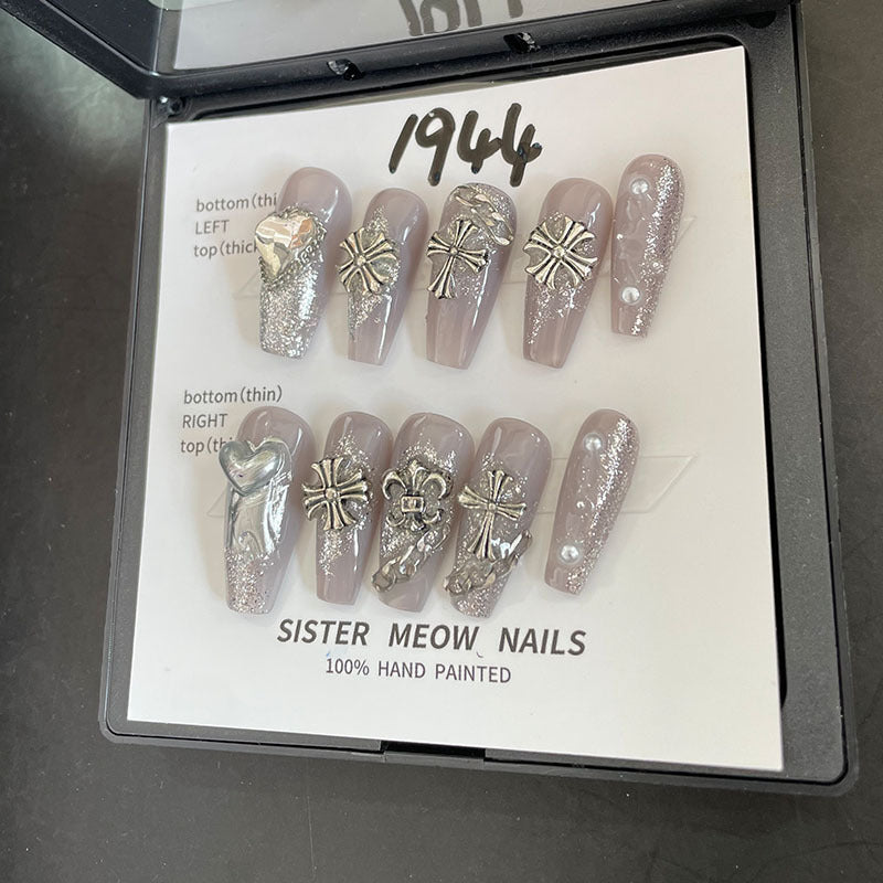 Designer: MeowMeow.Handmade Nail Designs Press on Nails DIY Nail Art for woman girl Long Coffin gray