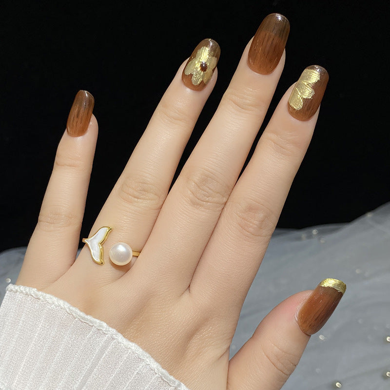 Designer: HuaHua.Handmade nails Press on Nails DIY Nail Art for woman girl Long Square brown gold