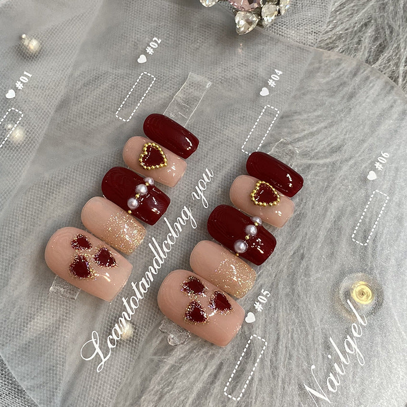Designer: HuaHua.Handmade nails Press on Nails DIY Nail Art for woman girl Long Square pink red