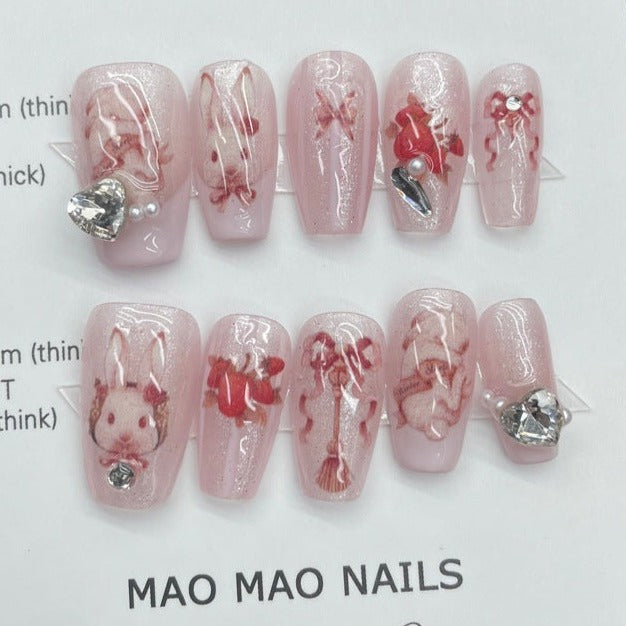 Designer: MaoMao.Handmade Nail Designs Press on Nails DIY Nail Art for woman girl Long Coffin pink