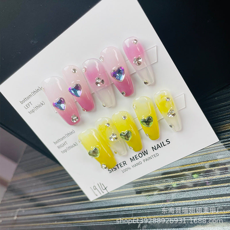 Designer: MeowMeow.Handmade Nail Designs Press on Nails DIY Nail Art for woman girl Long Coffin pink yellow rhinestone