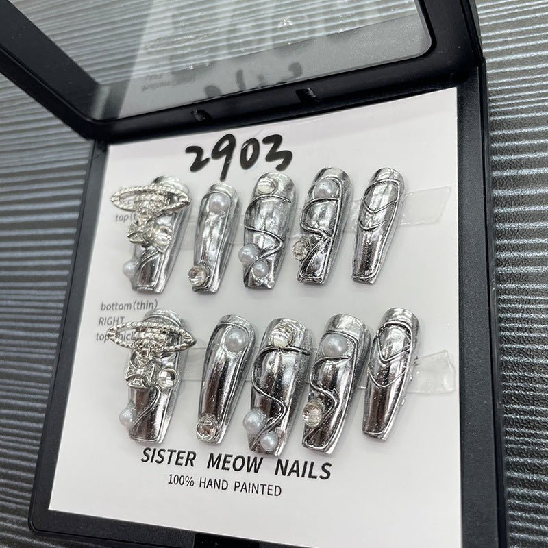 Designer: MeowMeow.Handmade Nail Designs Press on Nails DIY Nail Art for woman girl Long Coffin silver Metal