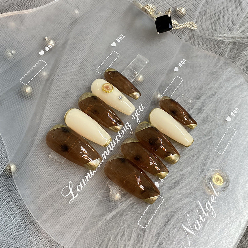 Designer: HuaHua.Handmade nails Press on Nails DIY Nail Art for woman girl Long Coffin brown