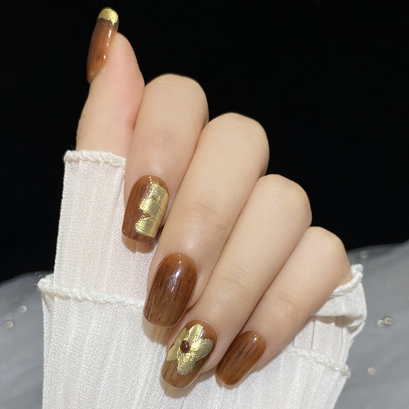 Designer: HuaHua.Handmade nails Press on Nails DIY Nail Art for woman girl Long Square brown gold