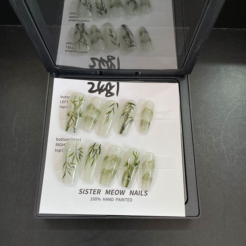 Designer: MeowMeow.Handmade Nail Designs Press on Nails DIY Nail Art for woman girl Long Coffin green