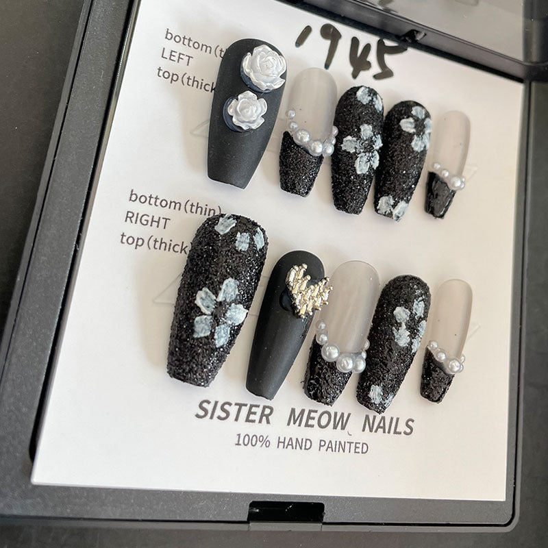 Designer: MeowMeow.Handmade Nail Designs Press on Nails DIY Nail Art for woman girl Long Coffin black
