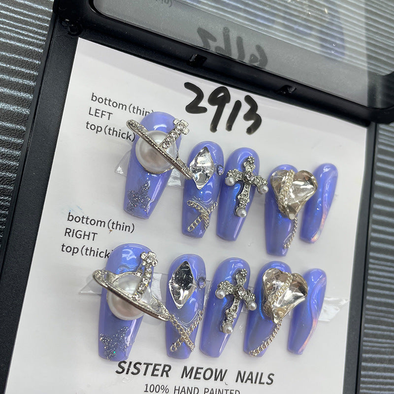 Designer: MeowMeow.Handmade Nail Designs Press on Nails DIY Nail Art for woman girl Long Coffin blue