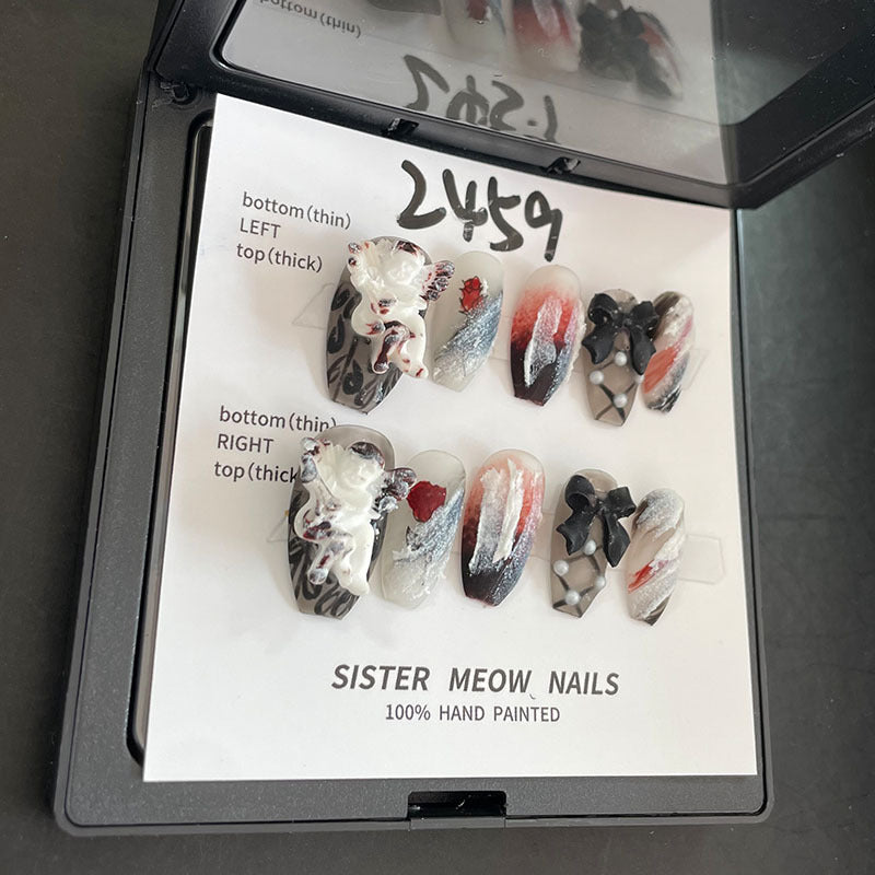 Designer: MeowMeow.Handmade Nail Designs Press on Nails DIY Nail Art for woman girl Long Coffin black