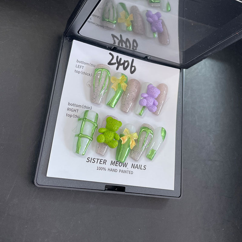 Designer: MeowMeow.Handmade Nail Designs Press on Nails DIY Nail Art for woman girl Long Coffin green Cartoon