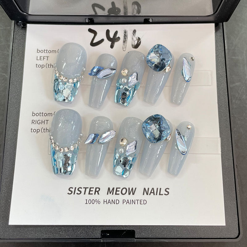 Designer: MeowMeow.Handmade Nail Designs Press on Nails DIY Nail Art for woman girl Long Coffin blue rhinestone