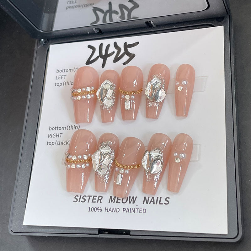 Designer: MeowMeow.Handmade Nail Designs Press on Nails DIY Nail Art for woman girl Long Coffin pink rhinestone