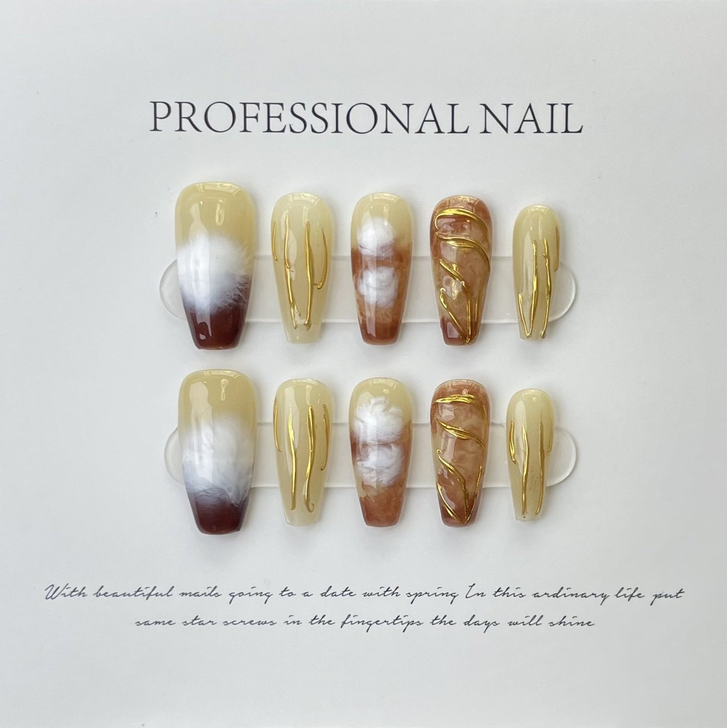 Designer: ManMan Handmade nails Press on Nails DIY Nail Art for woman girl Long Coffin gold