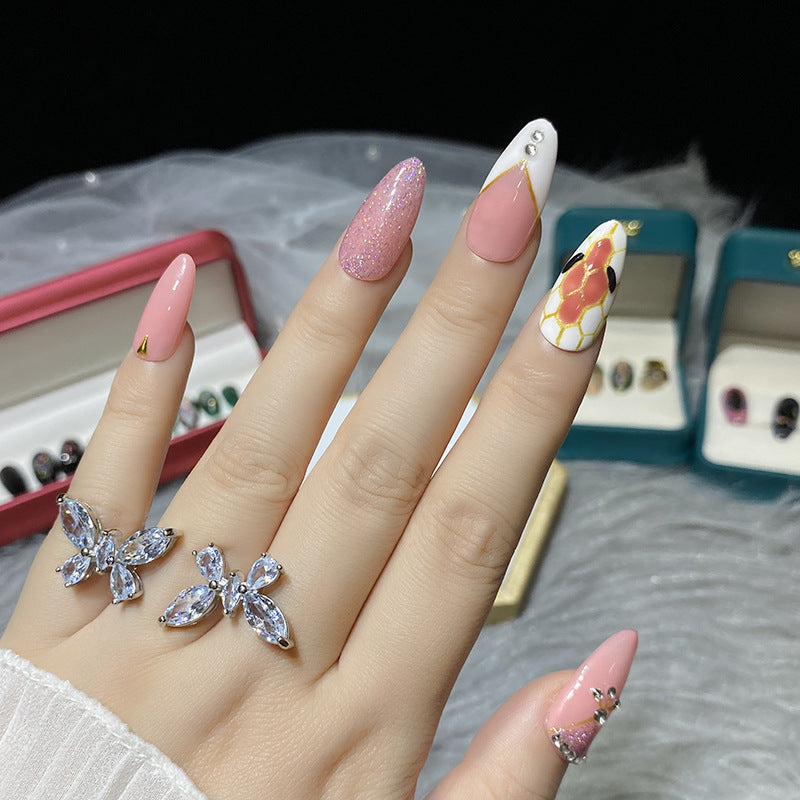 Designer: HuaHua.Handmade nails Press on Nails DIY Nail Art for woman girl Almond Long pink