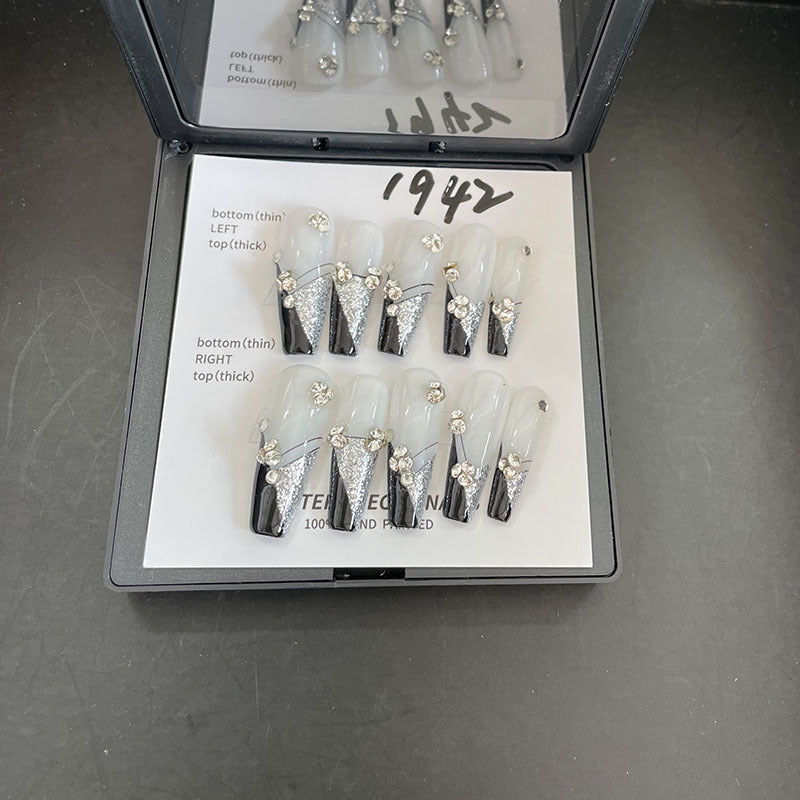 Designer: MeowMeow.Handmade Nail Designs Press on Nails DIY Nail Art for woman girl Long Coffin white black French