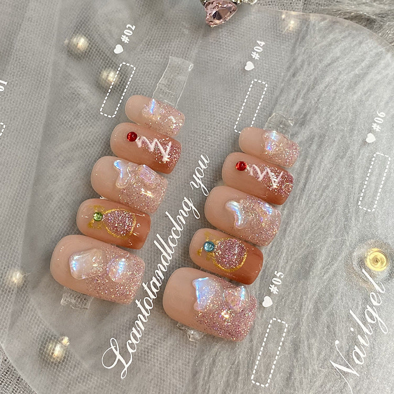 Designer: HuaHua.Handmade nails Press on Nails DIY Nail Art for woman girl Long Square pink