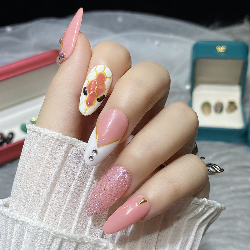 Designer: HuaHua.Handmade nails Press on Nails DIY Nail Art for woman girl Almond Long pink