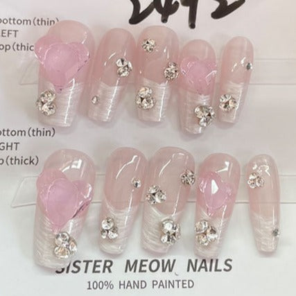 Designer: MeowMeow.Handmade Nail Designs Press on Nails DIY Nail Art for woman girl Long Coffin pink
