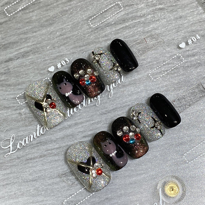 Designer: HuaHua.Handmade nails Press on Nails DIY Nail Art for woman girl Long Square black