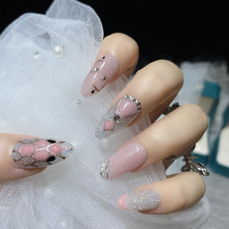 Designer: HuaHua.Handmade nails Press on Nails DIY Nail Art for woman girl Almond Long pink