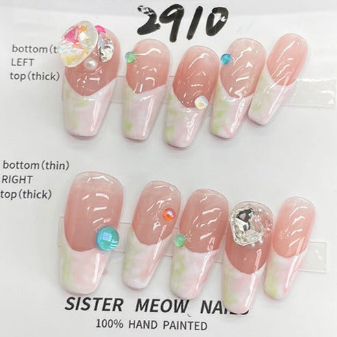Designer: MeowMeow.Handmade Nail Designs Press on Nails DIY Nail Art for woman girl Long Coffin pink French