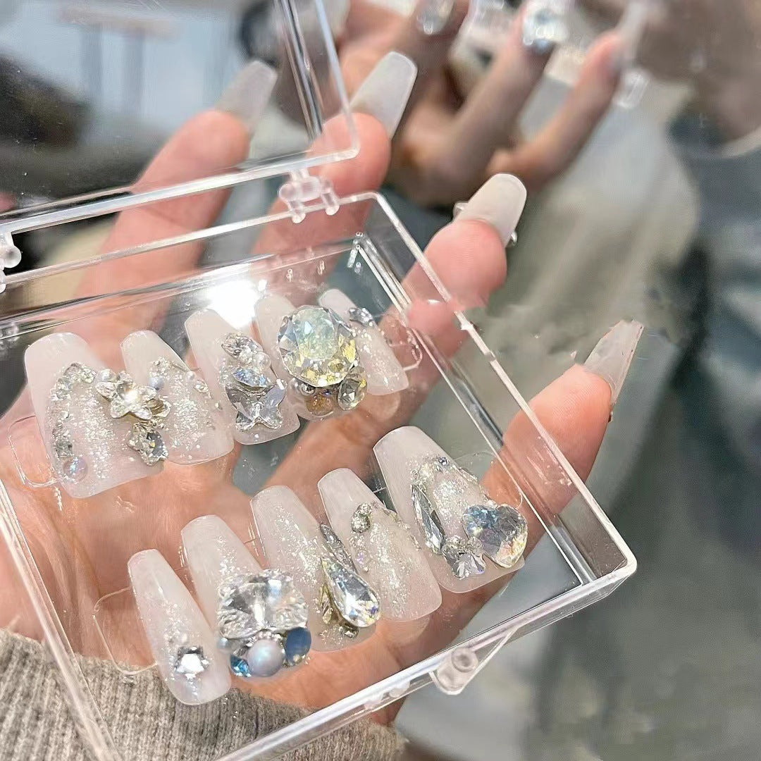 Designer: MeowMeow.Handmade Nail Designs Press on Nails DIY Nail Art for woman girl Long Coffin white rhinestone